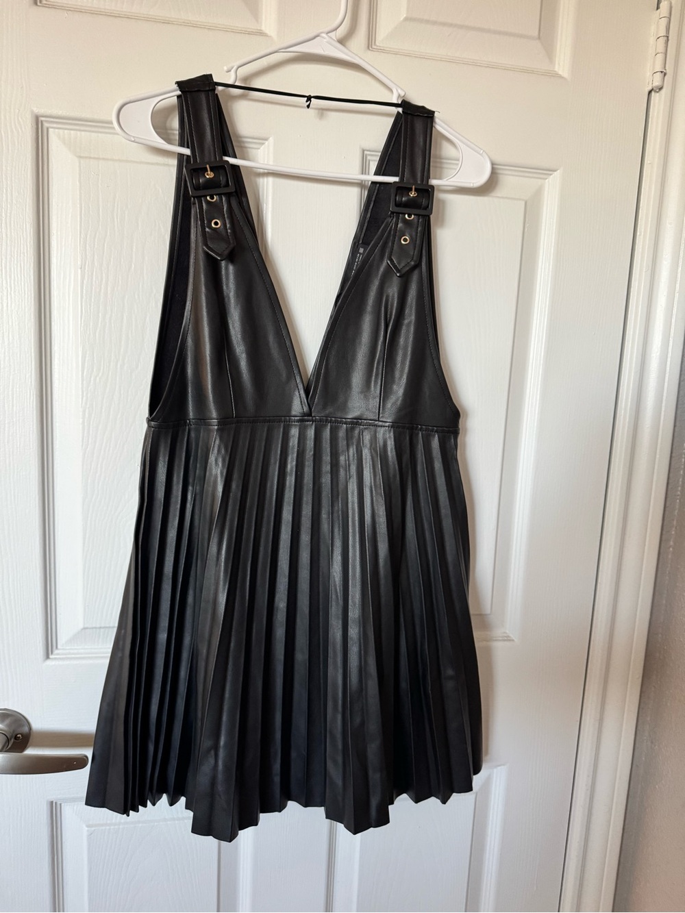 Zara Black Faux Leather Pleated Pinafore Dress with Buckle Straps